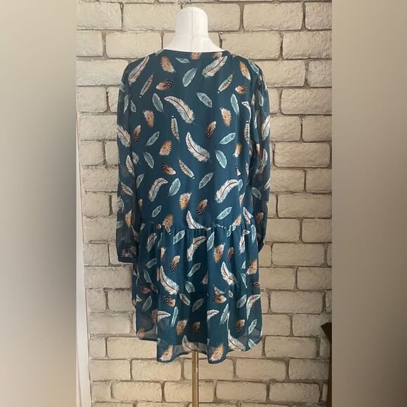 LOFT Teal Feather Pattern Long Sleeve Dress - Picture 5 of 8